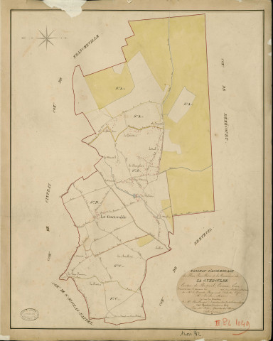 Guéroulde (La). Tableau d'assemblage _ du Plan Parcellaire de la Commune de la Gueroulde _ Canton de Breteuil - Evreux - Eure. _ Terminé sur le Terrain en 1829 , sous l'administration de M. Le Vicomte Raymond Delaître , Préfet _ M. Leveau, Maire _ sous la Direction de M.Boullenger, Directeur des Contributions directes _ M. Hautier, Géomètre en Chef. _ Par M. Folin, Géomètre de 1re classe.