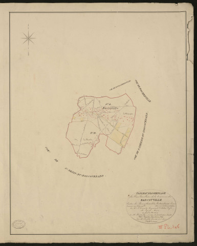 Marcouville-en-Roumois. Tableau d'assemblage _ du Plan Parcellaire de la Commune de Marcouville _ Canton de Bourgtheroulde - Pontaudemer - Eure. _ Terminé sur le terrain en 1828, sous l'administration de M.le Vicomte Raymond Delaitre, Préfet _ M. Ligois, maire _ en sous la Direction de M. Hurtrelle, Directeur des Contributions directes. _ M. Hautier, Géomètre en Chef. _ Par M. Longlet, Géomètre de 1re classe.