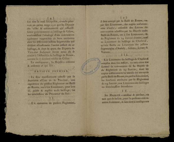 Règlement pris par le roi pour l'exécution de ses lettres de convocation aux Etats-Généraux dans les bailliages de Rouen et de Charleval et dans les justices seigneuriales d'Andely, Gisors, Lyons et Vernon.