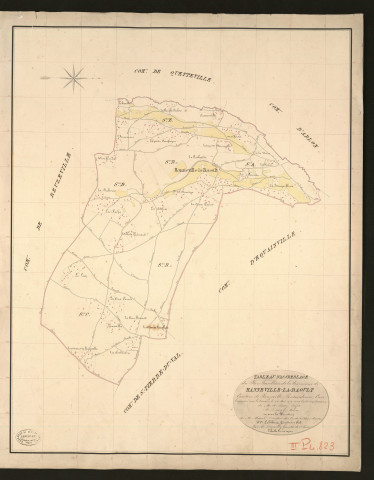 Manneville-la-Raoult. Tableau d'assemblage _ du Plan Parcellaire de la Commune de Manneville-la-Raoult _ Canton de Beuzeville - Pontaudemer - Eure. _ Terminé sur le terrain le 26 mai 1834, sous l'administration de M. A Passy, Préfet _ M. Dieuzy, maire _ en sous la Direction de M. Marel, Directeur des Contributions directes. _ M. Le Fébure, Géomètre en Chef. _ Par M. Depoilly, Géomètre de 1re classe.