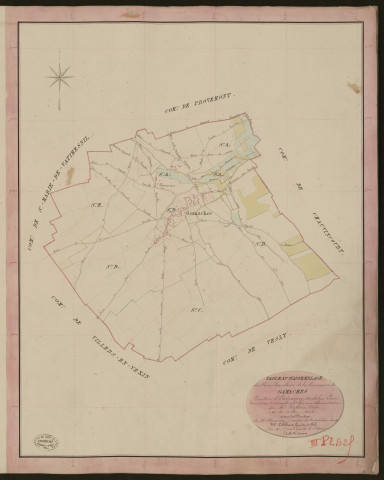 Gamaches-en-Vexin. Tableau d'assemblage du Plan Parcellaire de la Commune de Gamaches. _ Canton d'Etrépagny - Andelys - Eure. _ Terminé sur le terrain le 27 septembre 1850, sous l'administration de M. Vallont, Préfet - M. Belloy, Maire et sous la direction de M. Chauveau, Directeur des Contributions directes. _ M. Le Fébure, Géomètre en Chef. _ Par M. Drouet, Géomètre de 1re classe