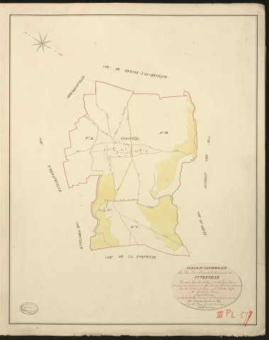 Cuverville. Tableau d'assemblage du Plan Parcellaire de la Commune de Cuverville. _ Canton des Andelys - Andelys - Eure. _ Terminé sur le terrain le 5 novembre 1828, sous l'administration de M. Le Vicomte Raymond Delaitre, Préfet - M. Gaulier, Maire et sous la direction de M. Hurtrelle, Directeur des Contributions directes. _ - M. Hautier, Géomètre en chef. _ Par M. Canu, Géomètre de 1re classe