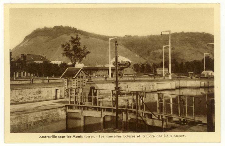 Amfreville-sous-les-Monts. Les nouvelles écluses et la Côte des Deux-Amants.