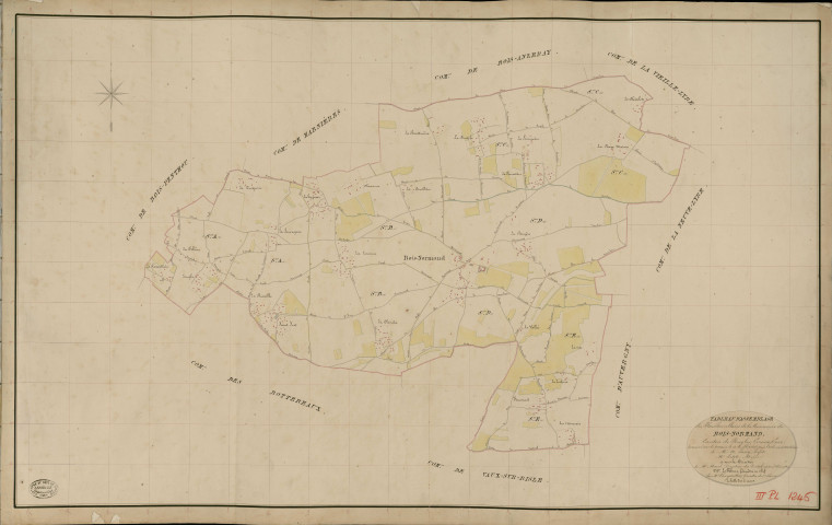 Bois-Normand-la-Campagne. Tableau d'assemblage _ du Plan Parcellaire de la Commune de Bois-Normand _ Canton de Rugles - Evreux - Eure. _ Terminé sur le Terrain le 13 Juillet 1835, sous l'administration de M. A Passy, Préfet _ M. Petit, Maire _ et sous la Direction de M. Marel, Directeur des Contributions directes _ M. Lefébure, Géomètre en Chef. _ Par M. Charpentier, Géomètre de 1re classe.