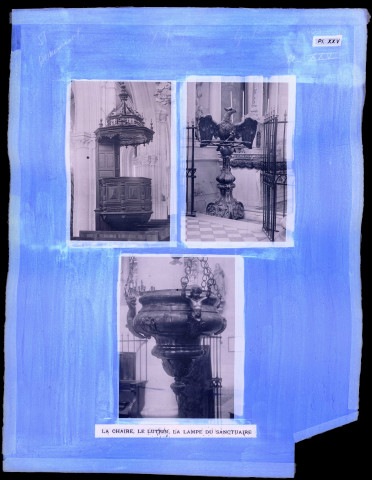 "L'Église Saint-Nicolas de Beaumont-le-Roger" du chanoine Bonnenfant, planche XXV, la chaire, le lutrin et la lampe du sanctuaire.