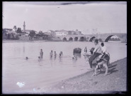Enfants et buffles au bain près du pont de Justinien sur le Seyhan à Adana (Turquie).