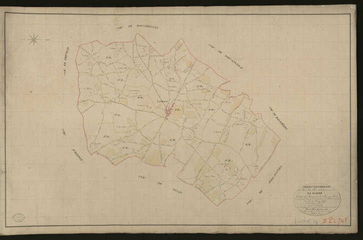 Barre-en-Ouche (La). Tableau d'assemblage _ du Plan Parcellaire de la Commune de La Barre. _ Canton de Beaumesnil - Bernay - Eure. _ Terminé sur le terrain le 23 mars 1833 sous l'administration de M. A. Passy, Préfet _ M. Piner, maire _ en sous la Direction de M. Marel, Directeur des Contributions directes. _ M. Le Fébure, Géomètre Chef. _ Par M. Gérard, Géomètre de 1re classe.