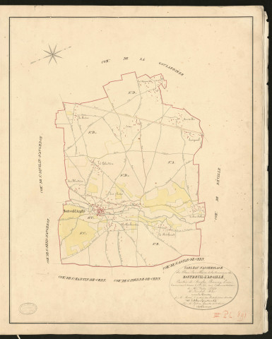 Montreuil-l'Argillé. Tableau d'assemblage _ du Plan Parcellaire de la Commune de _ Montreuil-l'Argillé _ Canton de Broglie - Bernay - Eure. _ Terminé sur le terrain le 6 septembre 1831 sous l'administration _ de Mr Passy, Préfet _ Mr Leverdier, Maire _ et sous la direction _ de Mr Marel, directeur des Contributuions directes _ Mr Lefébure, géomètre en chef. _ Par Mr Lefebvre, Géomètre de 1ère classe _ Echelle de 1 à 10,000