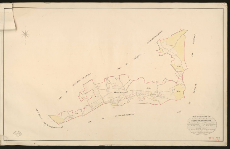 Saint-Pierre-de-Salerne. Tableau d'assemblage _ du Plan Parcellaire de la Commune de Saint-Pierre-de-Salerne _ Canton de Brionne - Bernay - Eure. _ Terminé sur le Terrain en 1827, sous l'administration de M.le Vicomte Raymond Delaitre, Préfet _ M. Tragin, Maire _ en sous la Direction de M. Hurtrelle, Directeur des Contributions directes _ M. Hautier, Géomètre en Chef. _ Par M. Charpentier, Géomètre de 1re classe.