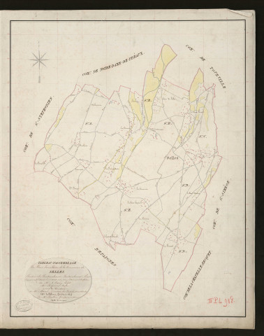 Selles. Tableau d'assemblage _ du Plan Parcellaire de la Commune de Selles _ Canton de Pontaudemer - Pontaudemer - Eure. _ Terminé sur le Terrain le 1er aout 1832, sous l'administration de M. A Passy, Préfet _ M.Hopsore, Maire _ sous la Direction de M. Marel, Directeur des Contributions directes _ M. Le Fébure, Géomètre en Chef. _ Par M. Letailleur, Géomètre de 1re classe.