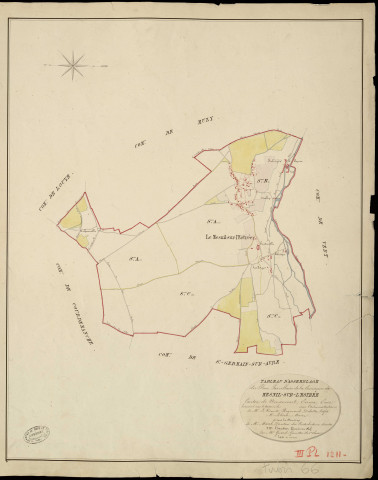 Mesnil-sur-l'Estrée (Le). Tableau d'assemblage _ du Plan Parcellaire de la Commune de Mesnil sur l'Estrée _ Canton de Nonancourt - Evreux - Eure. _ Terminé sur le Terrain le , sous l'administration de M. Le Vicomte Raymond Delaitre, Préfet _ M. Lelièvre, Maire _ et sous la Direction de M. Marel, Directeur des Contributions directes _ M. Hautier, Géomètre en Chef. _ Par M. Girard, Géomètre de 1re classe.