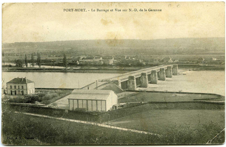 Port-Mort. Le Barrage et vue sur Notre-Dame-de-la-Garenne.