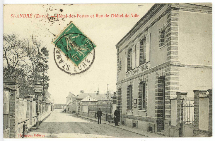 Saint-André-de-l'Eure. Hôtel des Postes et Rue de l'Hôtel de Ville.