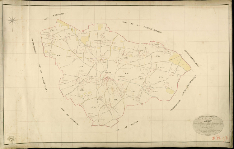 Lieurey. Tableau d'assemblage _ du Plan Parcellaire de la Commune de Lieurey _ Canton de St Georges-du-Vièvre - Pontaudemer - Eure. _ Terminé sur le Terrain le 10 octobre 1832 , sous l'administration de M. de Monicault, Préfet _ M. Vattier, Maire _ sous la Direction de M.Garnier, Directeur des Contributions directes _ M. Le Fébure, Géomètre en Chef. _ Par M. Letailleur, Géomètre de 1re classe.