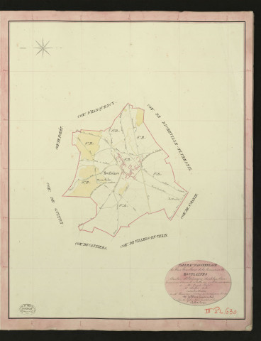 Mouflaines. Tableau d'assemblage du Plan Parcellaire de la Commune de Mouflaines. _ Canton d'Etrépagny - Andelys - Eure. _ Terminé sur le terrain le 30 juillet 1850, sous l'administration de M. Guyot, Préfet - M. Beudon, Maire et sous la direction de M. Chauveau, Directeur des Contributions directes. _ M. Le Fébure, Géomètre en Chef. _ Par M. Lefebvre désiré, Géomètre de 1re classe