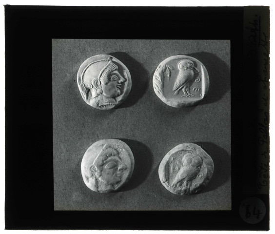 Monnaies d'Athènes (Grèce), tête d'Athéna et chouette.