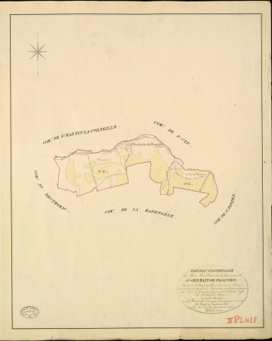 Saint-Germain-de-Pasquier. Tableau d'assemblage _ du Plan Parcellaire de la Commune de Saint-Germain-de-Pasquier _ Canton d'Amfreville - Louviers - Eure. _ Terminé sur le Terrain en Février 1828 , sous l'administration de M. Le Vicomte Raymond Delaître , Préfet _ M. Malassis, Maire _ sous la Direction de M.Hurtrelle, Directeur des Contributions directes _ M. Hautier, Géomètre en Chef. _ Par M. Lenglet, Géomètre de 1re classe.