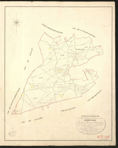 Berthouville. Tableau d'assemblage du Plan Parcellaire de la Commune de Berthouville. _ Canton de Brionne - Bernay - Eure. _ Terminé sur le terrain en août 1827, sous l'administration de M. Le Vicomte Raymond Delaitre, Préfet - M. Deschamps, Maire et sous la direction de M. Hurtelle, Directeur des Contributions directes. _ M. Hautier, Géomètre en Chef. _ Par M. Chainot, Géomètre de 1re classe