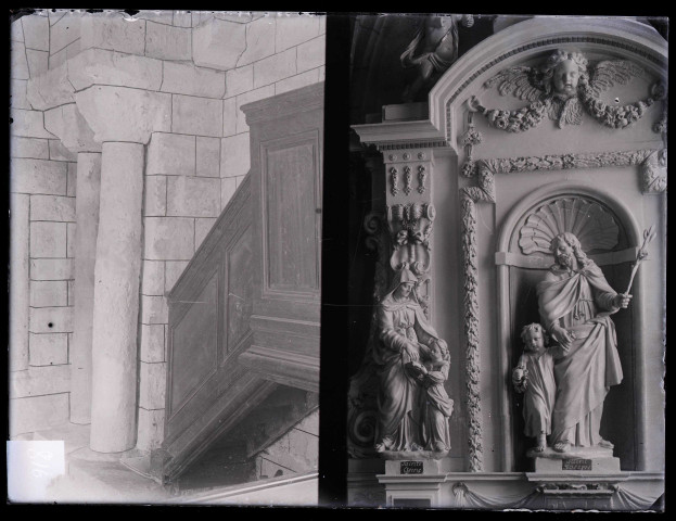 Église de Beuzeville (Eure), autel, statue de Saint-Joseph. Église de Fiquefleur-Équainville (Eure), colonnes.