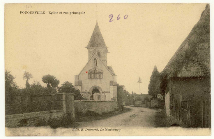 Fouqueville. Eglise et rue principale.