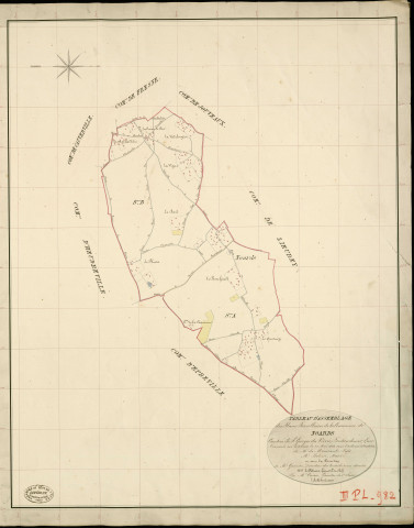Noards. Tableau d'assemblage _ du Plan Parcellaire de la Commune de Noards _ Canton de St Georges-du-Vièvre - Pontaudemer - Eure. _ Terminé sur le Terrain le 12 mai 1838 , sous l'administration de M. de Monicault, Préfet _ M. Boivin, Maire _ sous la Direction de M.Garnier, Directeur des Contributions directes _ M. Le Fébure, Géomètre en Chef. _ Par M. Canu, Géomètre de 1re classe.