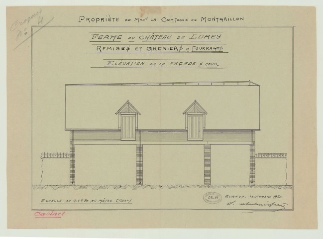 Breuilpont _"Ferme du château de Lorey. Propriété de Mme la comtesse de Montgrillon. Remise à grains et fourrage".