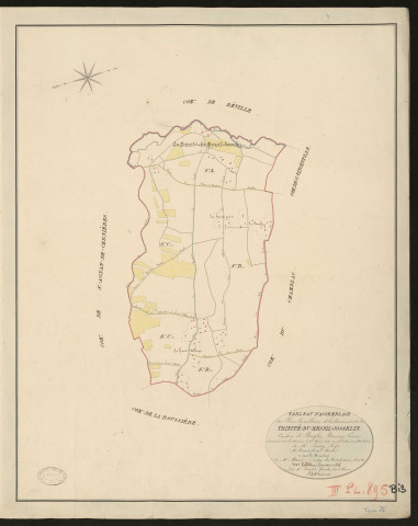 Trinité-du-Mesnil-Josselin (La). Tableau d'assemblage _ du Plan Parcellaire de la Commune de la Trinité-du-Mesnil-Josselin _ Canton de Broglie - Bernay - Eure. _ Terminé sur le terrain le 2 Mai 1831, sous l'administration _ de M. Passy, Préfet _ M. Rousselin, Maire _ et sous la Direction _ de M. Marel, Directeur des Contributions directes _ M. LeFébure, Géomètre en chef _ Par M. Longlet Géomètre de 1ere classe.