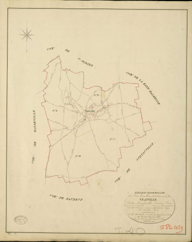 Vraiville. Tableau d'assemblage _ du Plan Parcellaire de la Commune de Vraiville _ Canton d'Amfreville - Louviers - Eure. _ Terminé sur le Terrain en 1828 , sous l'administration de M. Le Vicomte Raymond Delaître , Préfet _ M. Bourdet, Maire _ sous la Direction de M.Hurtrelle, Directeur des Contributions directes _ M. Hautier, Géomètre en Chef. _ Par M. Auxerre, Géomètre de 1re classe.