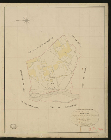 Tournedos-sur-Seine. Tableau d'assemblage _ du Plan Parcellaire de la Commune de Tournedos. _ Canton de Pont-de-l'Arche - Louviers - Eure. _ Terminé sur le terrain le 29 septembre 1834 sous l'administration de M. A. Passy, Préfet _ M. Legendre, maire _ en sous la Direction de M. Marel, Directeur des Contributions directes. _ M. Le Fébure, Géomètre Chef. _ Par M. Gondevin, Géomètre de 1re classe.
