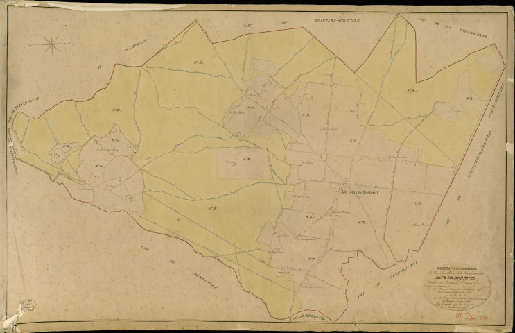 Baux-de-Breteuil (Les). Tableau d'assemblage _ du Plan Parcellaire de la Commune de Baux-de-Breteuil _ Canton de Breteuil - Evreux - Eure. _ Terminé sur le Terrain en 1829 , sous l'administration de M. Le Vicomte Raymond Delaître , Préfet _ M. Le comte Valmont, Maire _ sous la Direction de M.Boullenger, Directeur des Contributions directes _ M. Hautier, Géomètre en Chef. _ Par M. Gérard, Géomètre de 1re classe.