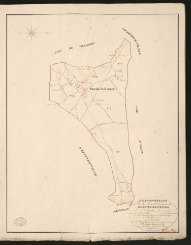 Fontaine-Bellanger. Tableau d'assemblage du Plan Parcellaire de la Commune de Fontaine-Bellenger _ Canton de Gaillon - Louviers - Eure. _ Terminé sur le terrain le sous l'administration de M. Le Vicomte Raymond Delaitre, Préfet - M. Pinchon, Maire et sous la direction de M. Hurtrelle, Directeur des Contributions directes. _ M. Hautier, Géomètre en Chef. _ Par M. Folin, Géomètre de 1re classe