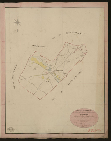 Martagny. Tableau d'assemblage du Plan Parcellaire de la Commune de Martagny. _ Canton de Gisors - Andelys - Eure. _ Terminé sur le terrain le 9 mai 1840, sous l'administration de M. de Monicault, Préfet - M. Boulanger, Maire et sous la direction de M. Garnier, Directeur des Contributions directes. _ M. Le Fébure, Géomètre en Chef. _ Par M. Pizier, Géomètre de 1re classe
