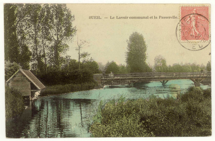 Bueil. Le Lavoir communal et la Passerelle.