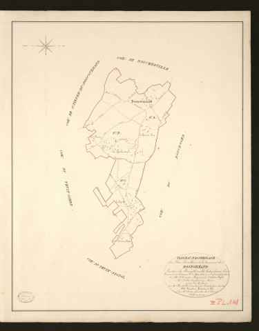 Bosnormand. Tableau d'assemblage _ du Plan Parcellaire de la Commune de Bosnormand _ Canton de Bourgtheroulde - Pontaudemer - Eure. _ Terminé sur le terrain en 1828, sous l'administration de M.le Vicomte Raymond Delaitre, Préfet _ M. de Pollet-Duquesnay, maire _ en sous la Direction de M. Hurtrelle, Directeur des Contributions directes. _ M. Hautier, Géomètre en Chef. _ Par M. Canu, Géomètre de 1re classe.