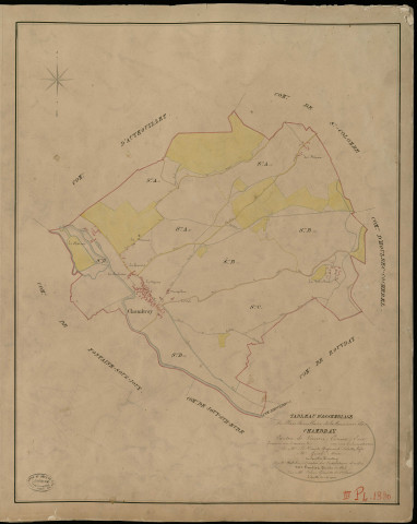 Chambray. Tableau d'assemblage _ du Plan Parcellaire de la Commune de Chambray _ Canton de Vernon - Evreux - Eure. _ Terminé sur le Terrain en 1825, sous l'administration de M. Le Vicomte Raymond Delaitre, Préfet _ M. Gruel, Maire _ et sous la Direction de M. Aubelin, Directeur des Contributions directes _ M. Hautier, Géomètre en Chef. _ Par M. Folin, Géomètre de 1re classe.