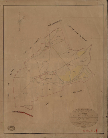 Gauciel. Tableau d'assemblage _ du Plan Parcellaire de la Commune de Gauciel _ Canton de Evreux Sud - Evreux - Eure. _ Terminé sur le Terrain le 10 Juillet 1842, sous l'administration de M. Zédé, Préfet _ M. Leclancher, Maire _ sous la Direction de M. Garnier, Directeur des Contributions directes _ M. Le Fébure, Géomètre en Chef. _ Par M. Renault, Géomètre de 1re classe.