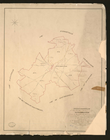 Bourgtheroulde. Tableau d'assemblage _ du Plan Parcellaire de la Commune de Bourgtheroulde _ Canton de Bourgtheroulde - Pontaudemer - Eure. _ Terminé sur le terrain en 1828, sous l'administration de M.le Vicomte Raymond Delaitre, Préfet _ M. Bosquier, maire _ en sous la Direction de M. Hurtrelle, Directeur des Contributions directes. _ M. Hautier, Géomètre en Chef. _ Par M. Canu, Géomètre de 1re classe.