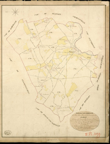 Roman. Tableau d'assemblage _ du Plan Parcellaire de la Commune de Roman _ Canton de Damville - Evreux - Eure. _ Terminé sur le Terrain le 19 Juin 1839 , sous l'administration de M. de Monicault, Préfet _ M. Bonnel, Maire _ sous la Direction de M. Garnier, Directeur des Contributions directes _ M. Le Fébure, Géomètre en Chef. _ Par M. Renault, Géomètre de 1re classe.