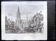 Gravure représentant un jour de marché sur la place de la cathédrale Notre-Dame de Caudebec-en-Caux (Seine-Maritime).