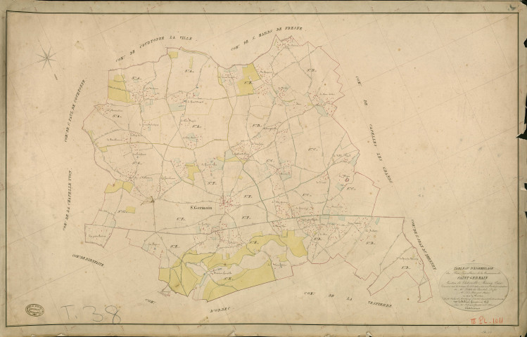 Saint-Germain-la-Campagne. Tableau d'assemblage _ du Plan Parcellaire de la Commune de Saint Germain _ Canton de Thiberville - Bernay - Eure. _ Terminé sur le Terrain le 19 Octobre 1846 , sous l'administration de M. petit de Bantel, Préfet _ M. De Margeot, Maire _ sous la Direction de M.Violas de Martigny, Directeur des Contributions directes _ M. Le Fébure, Géomètre en Chef. _ Par M. le Grain, Géomètre de 1re classe.