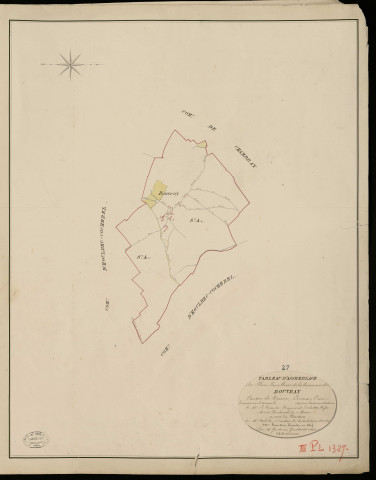 Rouvray. Tableau d'assemblage _ du Plan Parcellaire de la Commune de Rouvray _ Canton de Vernon - Evreux - Eure. _ Terminé sur le Terrain en 1825, sous l'administration de M. Le Vicomte Raymond Delaitre, Préfet _ M. de Richemont, Maire _ et sous la Direction de M. Aubelin, Directeur des Contributions directes _ M. Hautier, Géomètre en Chef. _ Par M. Gondouin, Géomètre de 1re classe.