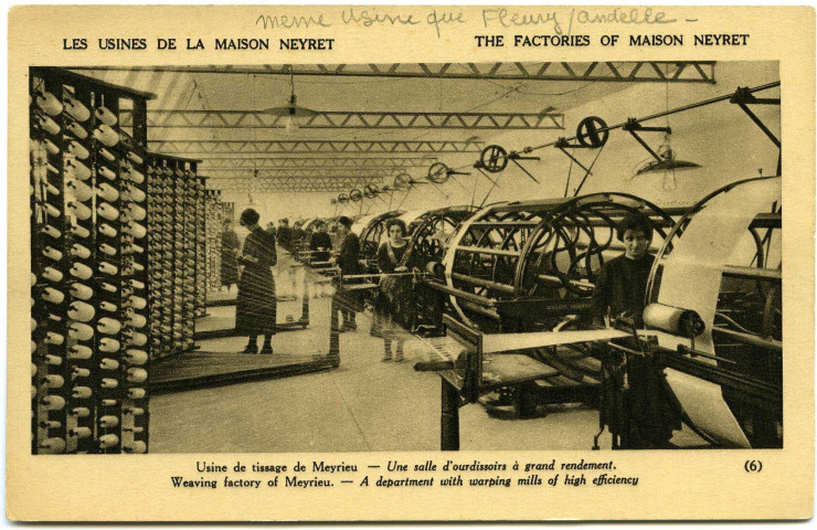 Fleury-sur-Andelle. Les Usines de la Maison Neyret. - Usine de tissage de Meyrieu. - Une salle d'ourdissoirs a grand rendement.