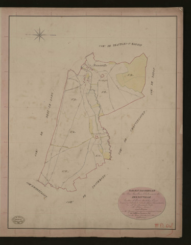 Bernouville. Tableau d'assemblage du Plan Parcellaire de la Commune de Bernouville. _ Canton de Gisors - Andelys - Eure. _ Terminé sur le terrain le 7 septembre 1840, sous l'administration de M. de Monicault, Préfet - M. Lebas, Maire et sous la direction de M. Garnier, Directeur des Contributions directes. _ M. Le Fébure, Géomètre en Chef. _ Par M. Canu, Géomètre de 1re classe
