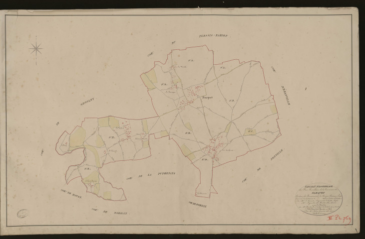 Barquet. Tableau d'assemblage _ du Plan Parcellaire de la Commune de Barquet. _ Canton de Beaumont-le-Roger - Bernay - Eure. _ Terminé sur le terrain en 1826 sous l'administration de M. Le Vicomte Raymond Delaitre, Préfet _ M.Leguay maire _ en sous la Direction de M. Hurtrelle, Directeur des Contributions directes. _ M. Hautier, Géomètre en Chef. _ Par M. Félin, Géomètre de 1re classe.