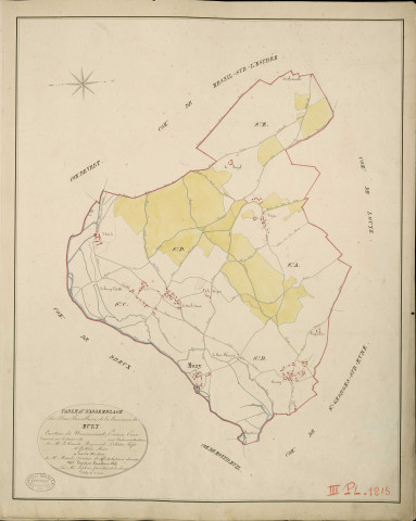 Muzy. Tableau d'assemblage _ du Plan Parcellaire de la Commune de Muzy _ Canton de Nonancourt - Evreux - Eure. _ Terminé sur le Terrain le , sous l'administration de M. Le Vicomte Raymond Delaitre, Préfet _ M. Gallais, Maire _ et sous la Direction de M. Marel, Directeur des Contributions directes _ M. Hautier, Géomètre en Chef. _ Par M. Lefebure, Géomètre de 1re classe.