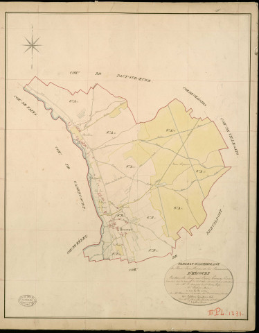 Hécourt. Tableau d'assemblage _ du Plan Parcellaire de la Commune d'Hécourt _ Canton de Pacy sur Eure - Evreux - Eure. _ Terminé sur le Terrain le 26 Octobre 1852, sous l'administration de M. Le Marquis de Ste Croix, Préfet _ M. Barbier, Maire _ et sous la Direction de M. Chauveau, Directeur des Contributions directes _ M. Lefébure, Géomètre en Chef. _ Par M. Lefebure Félix, Géomètre de 1re classe.