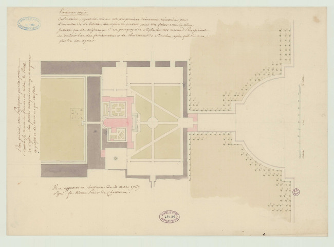 Aubevoye _Chartreuse de Bourbon-lès-Gaillon. _ "Plan général avec projet pour que la porte d'entrée se trouve en face et au milieu du portail de l'église. Les parties marquées en rouge marquent le projet et le noir ce qui est fait".