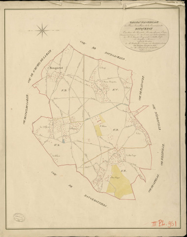 Bouquetot. Tableau d'assemblage _ du Plan Parcellaire de la Commune de Bouquetot _ Canton de Routot - Pontaudemer - Eure. _ Terminé sur le Terrain le avril 1826 , sous l'administration de M.Le Vicomte Raymond Delaitre, Préfet _ M. Bourgeois, maire _ sous la Direction de M.Hurtrelle, Directeur des Contributions directes _ M. Hautier, Géomètre en Chef. _ Par M. Chainot, Géomètre de 1re classe.