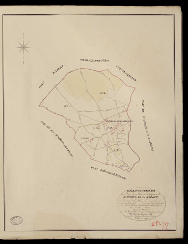 Saint-Julien-de-la-Liègue. Tableau d'assemblage du Plan Parcellaire de la Commune Saint-Julien-de-la-Liègue _ Canton de Gaillon - Louviers - Eure. _ Terminé sur le terrain en 1829, sous l'administration de M. Le Vicomte Raymond Delaitre, Préfet - M. Porel, Maire et sous la direction de M. Hurtrelle, Directeur des Contributions directes. _ M. Hautier, Géomètre en Chef. _ Par M. Lefebvre, Géomètre de 1re classe