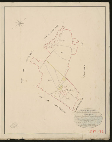 Perriers-la-Campagne. Tableau d'assemblage du Plan Parcellaire de la Commune de Perriers _ Canton de Beaumont-le-Roger - Bernay - Eure. _ Terminé sur le terrain le 1826, sous l'administration de M. Le Vicomte Raymond Delaitre, Préfet - M. Beaudoin, Maire et sous la direction de M. Hurtelle, Directeur des Contributions directes. _ M. Hautier, Géomètre en Chef. _ Par M. Canu, Géomètre de 1re classe
